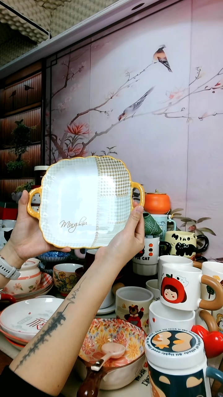 陶【孤品福利】千鸟格双耳盘