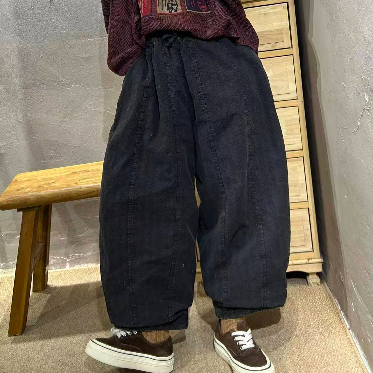 【半奏】冬季新款复古老布炒色做旧双层拼块堆堆棉裤腰114臀140长86