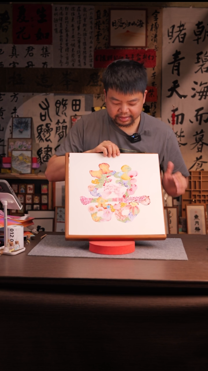 国画-百花喜 --实木 海棠木 40*40-