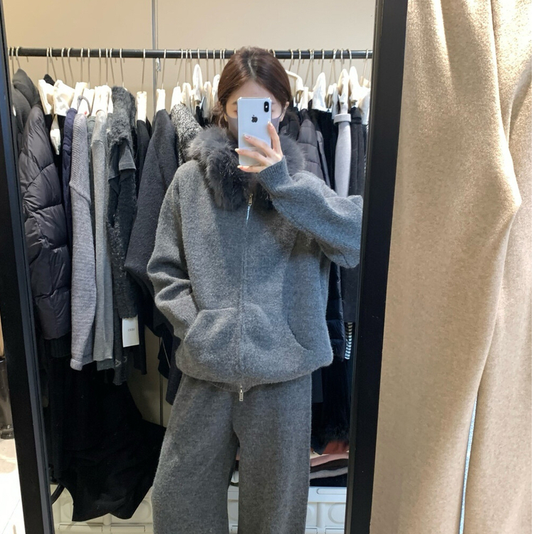 Cute Club 甜美风简约大毛领开衫毛衣外套冬季宽松针织休闲裤套装