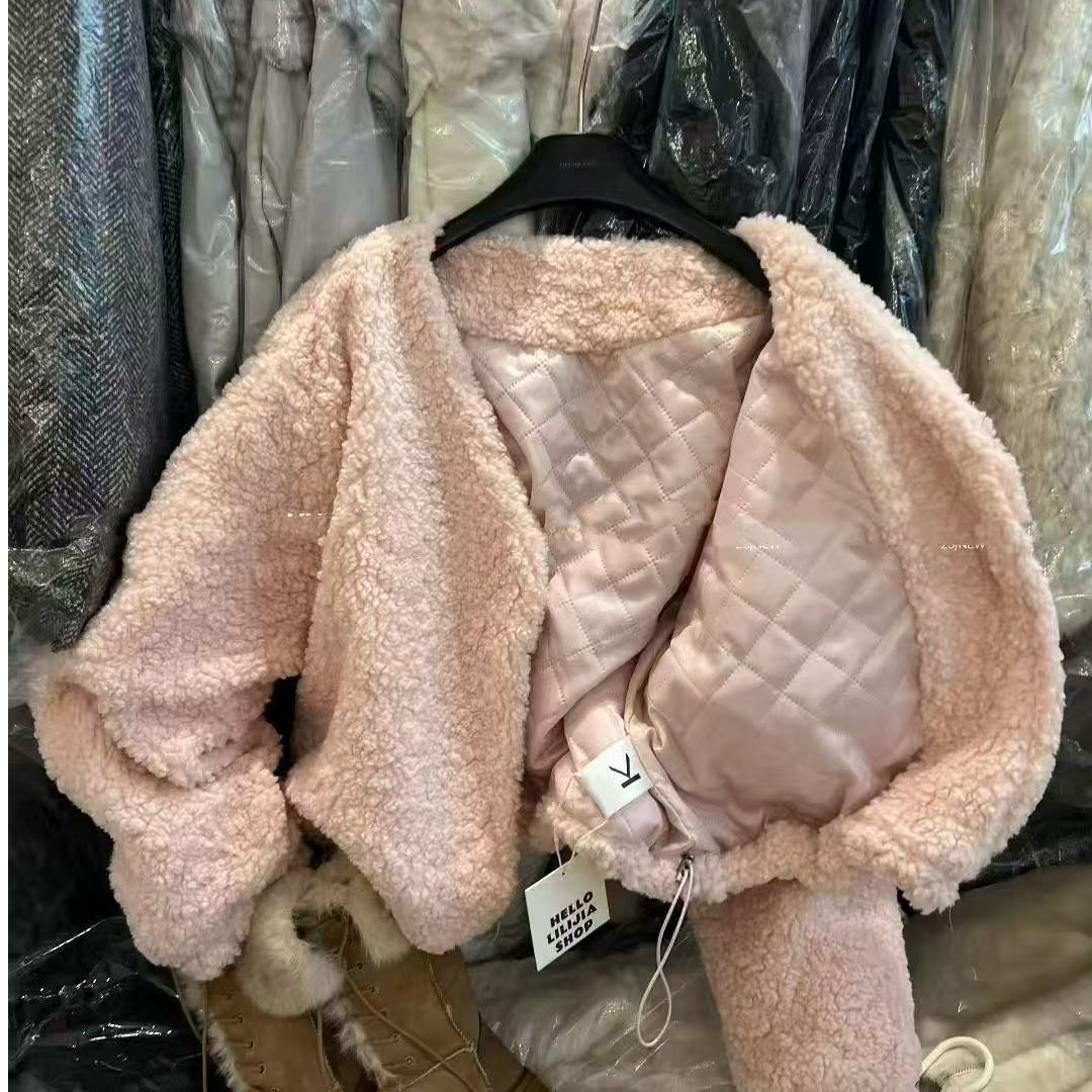 悠悠 泡菜V领下摆抽绳糕糕毛短款加厚保暖外套