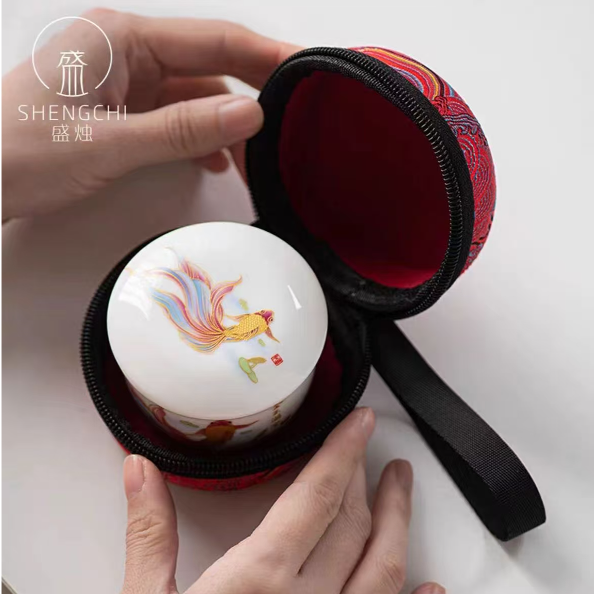 金玉满堂一人饮陶瓷快客杯配刺绣包