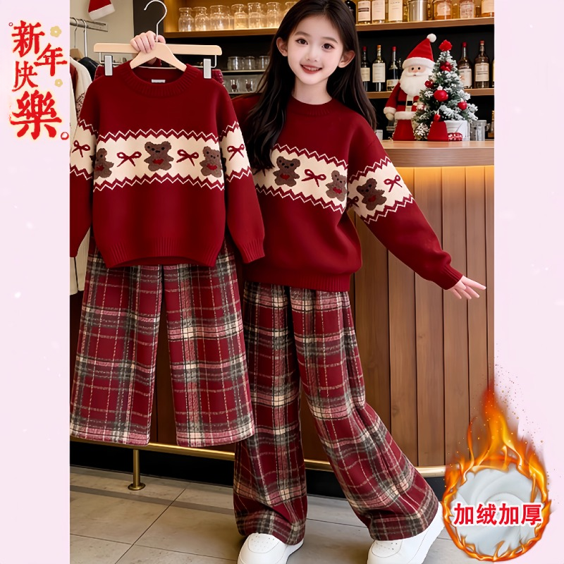 女童红色卡通毛衣加绒格子阔腿裤套装冬装2025新款圣诞针织衫年服