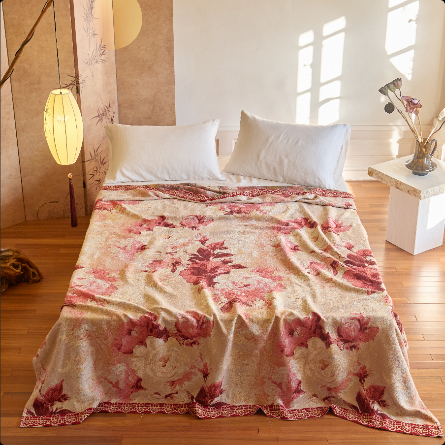 【UNESCO 非遗工艺】高定款火麻锦绣超柔毯床盖200*230cm墨染海棠红