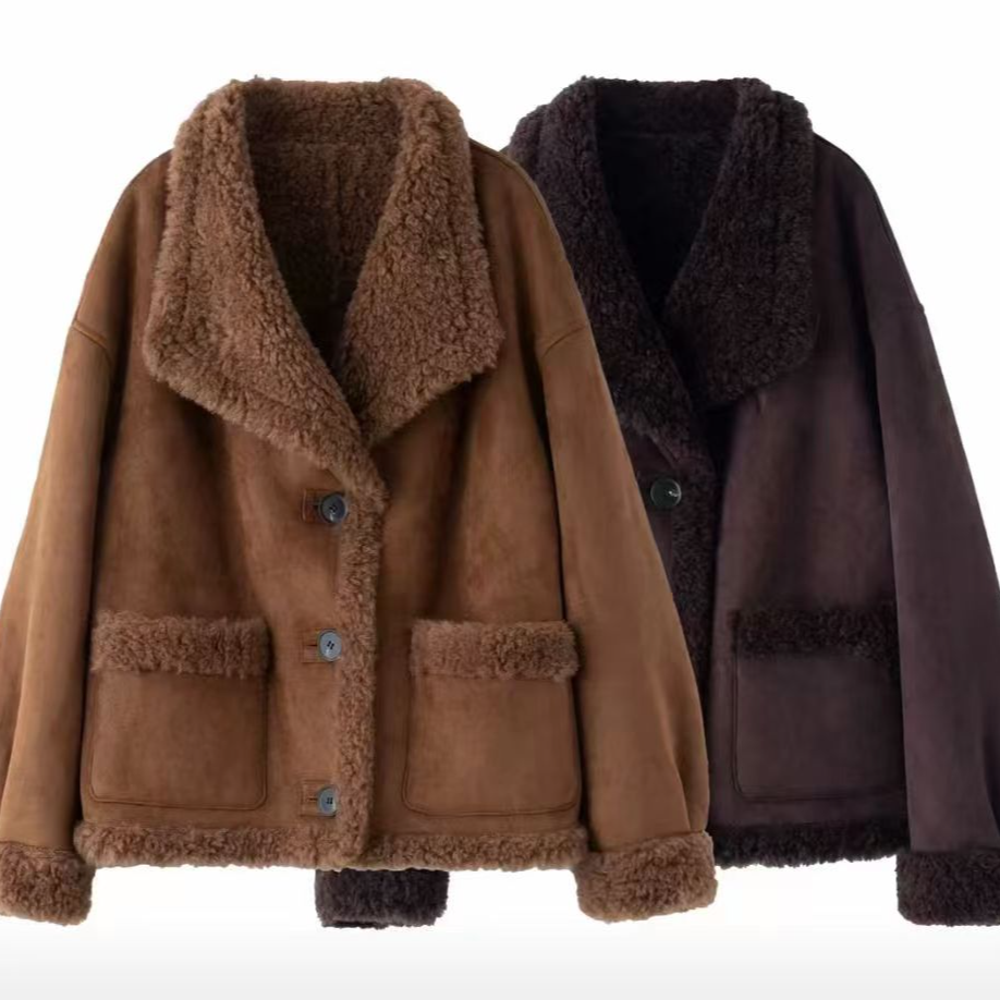 翻领绵羊毛双面穿100%纯羊毛轻奢复古短毛茸茸外套皮毛一体女装