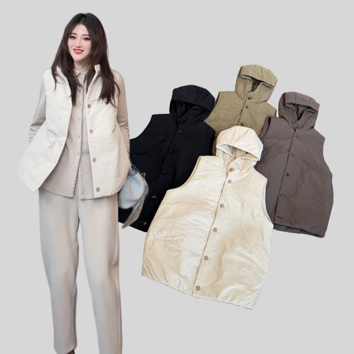 【YANLI】5291秋冬加厚加棉茧型戴帽马甲