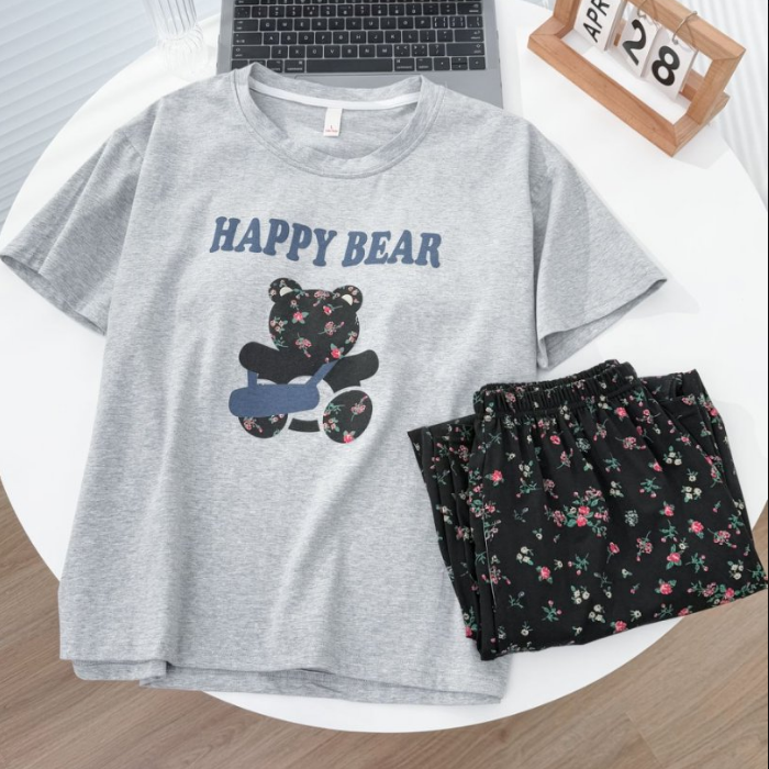 8237爽棉带胸垫女士睡衣套装高品质短袖八分裤女士家居服睡衣套装