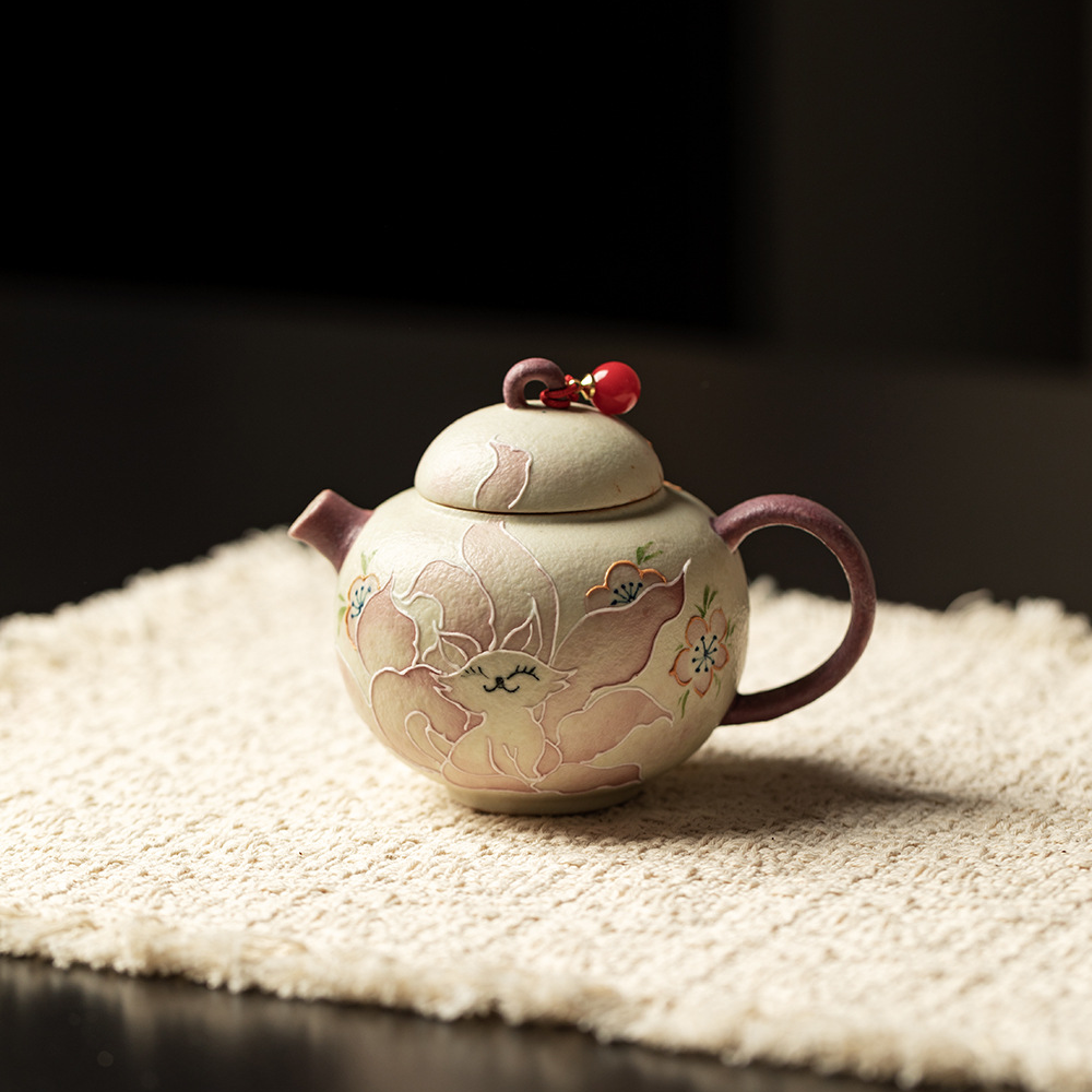 墨己火石红手绘九尾狐陶瓷茶壶高档圆满壶功夫茶具家用泡茶壶单壶