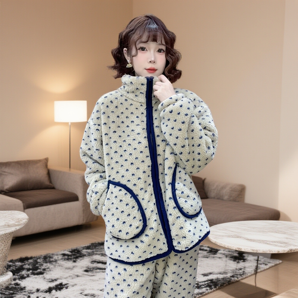 【瑜妹妹】正版蓝色爱心韩版-秋冬季加加绒加厚女士保暖睡衣家居服