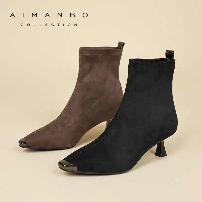 漫步佳人2025冬季新品气质金属时装靴细高跟弹力瘦瘦靴舒适女袜