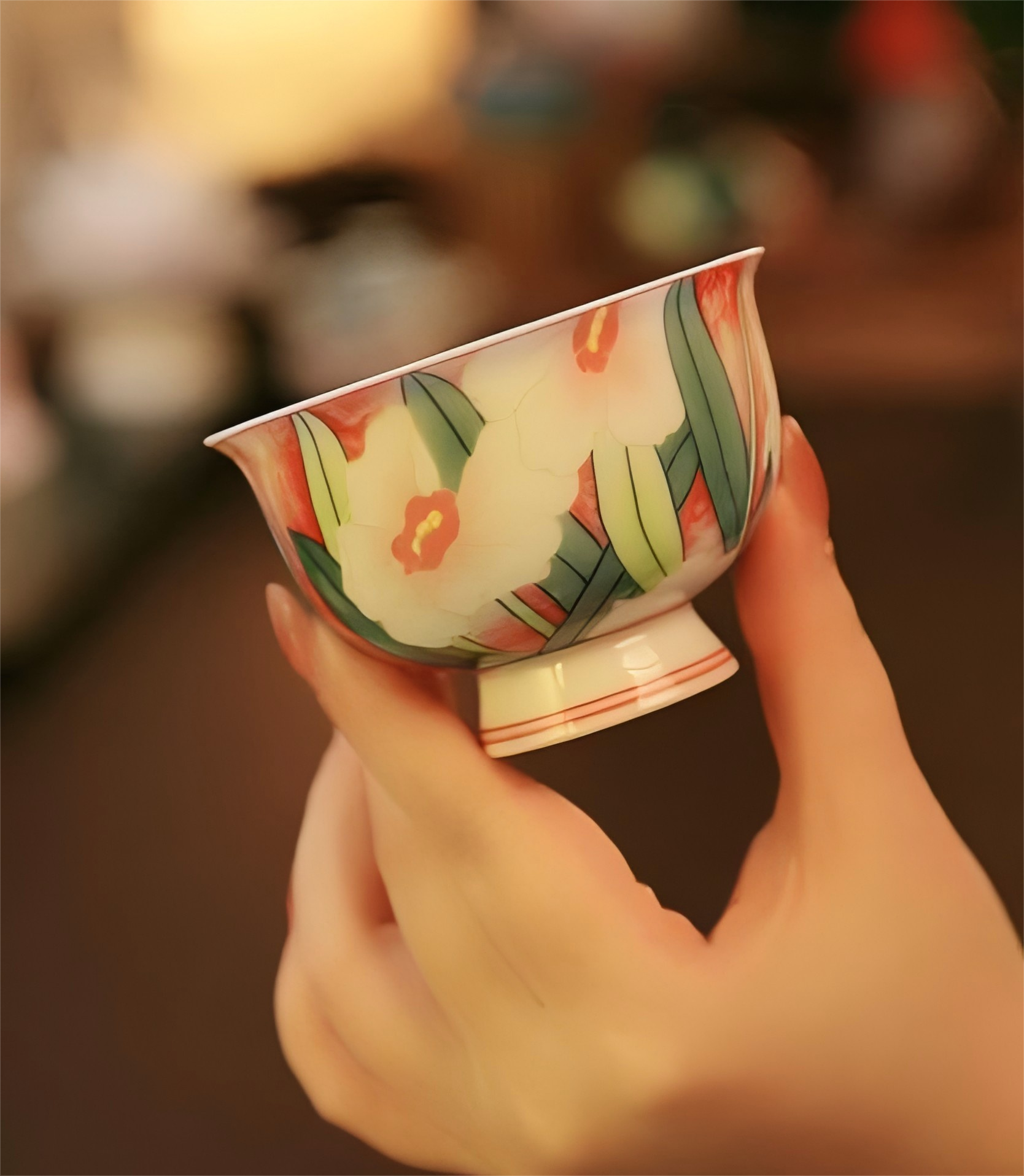 玉玲珑釉下五彩（仿）青云茶斋陶瓷茶具高足压手杯