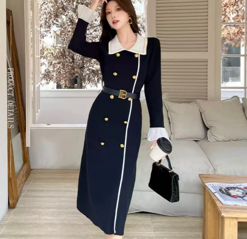 法式名媛秋冬网红连衣裙褶皱挂脖款气质长裙DY20