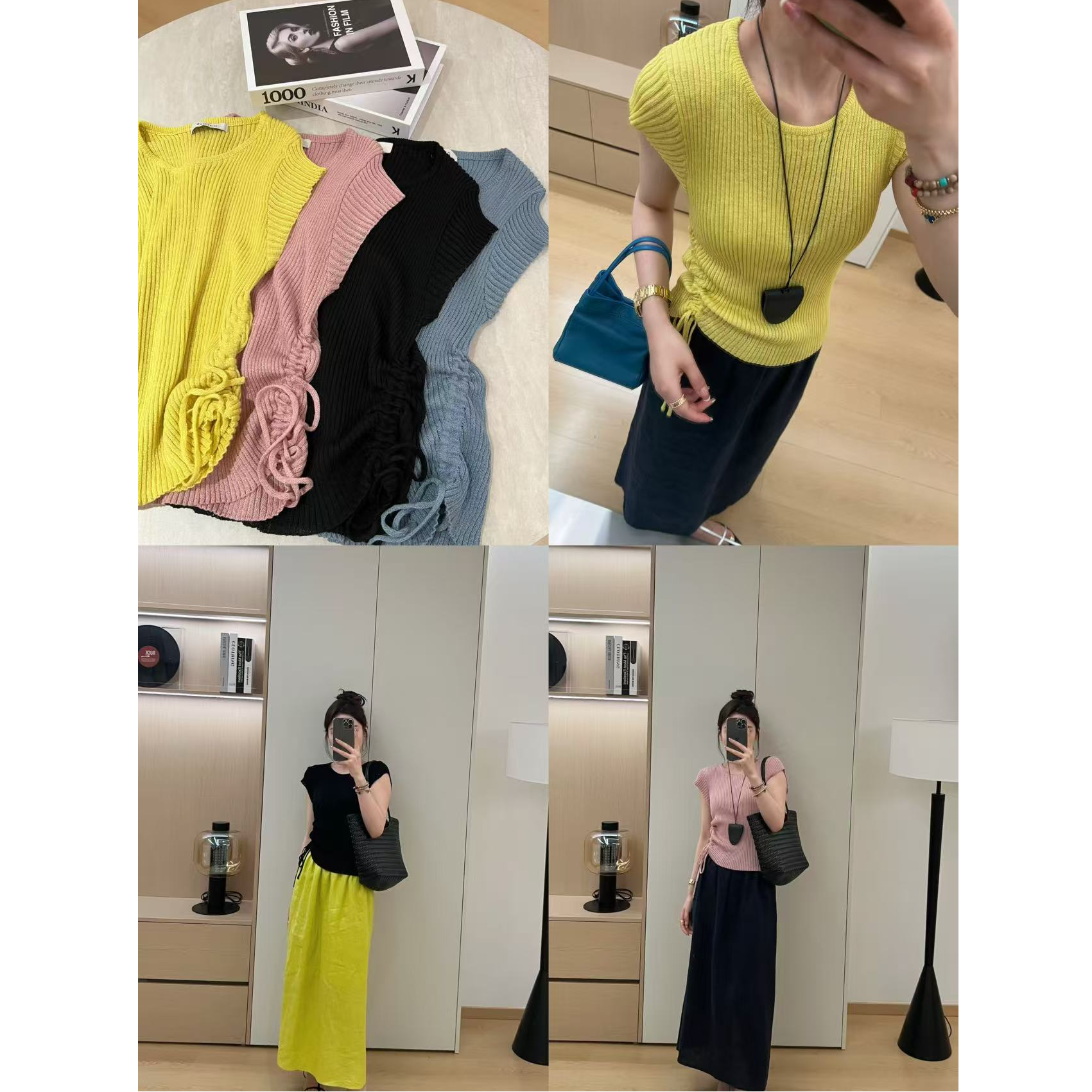 3171~独特别致～32支竹节麻 气质百搭抽绳设计感显瘦短袖女夏