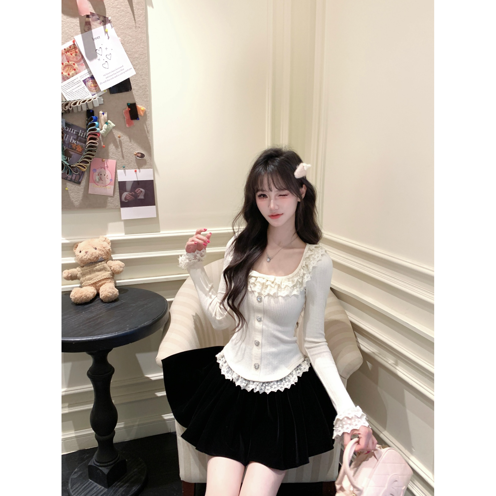 【一萍】大码女装少女蕾丝法式纯欲方领上衣13994