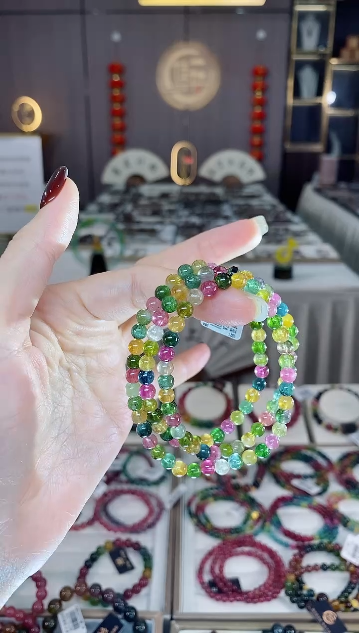 未镶嵌老矿碧玺色标多宝三圈手串5mm+碧玺dan多样性发货一条