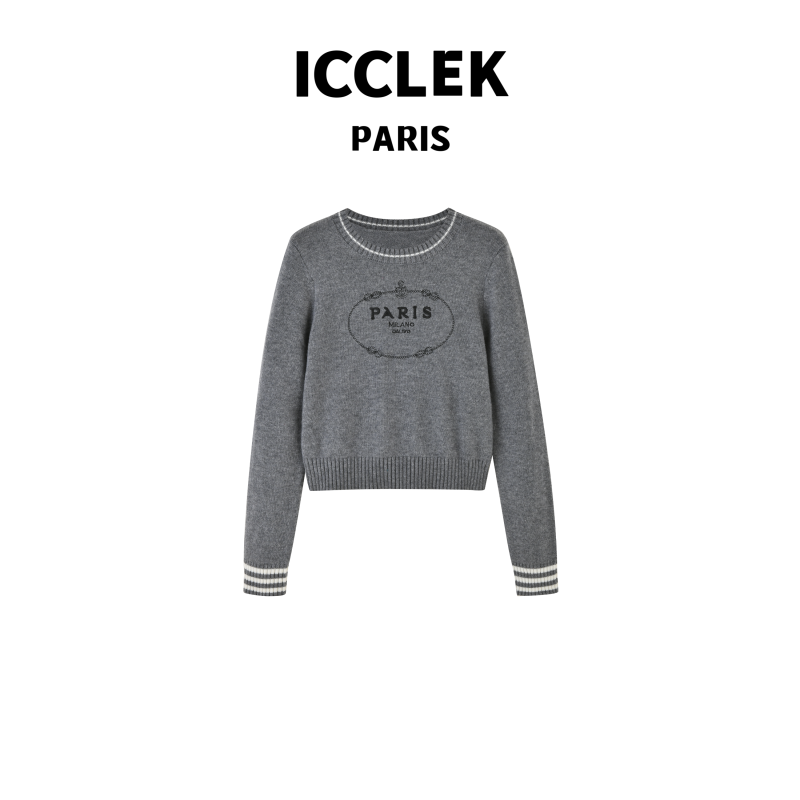ICCLEK 经典灰色刺绣休闲百搭针织长袖上衣-3301