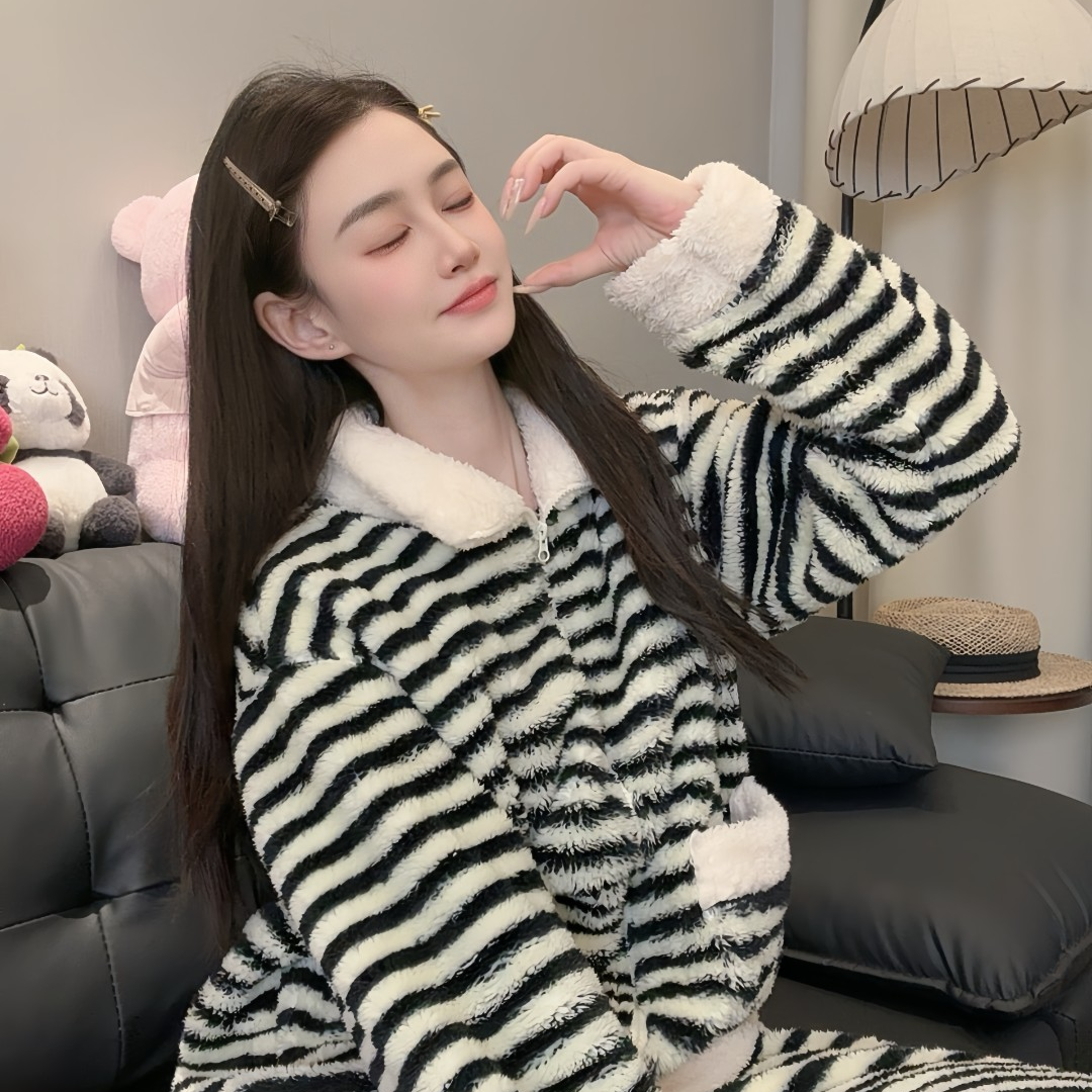 条纹保暖长袖加绒睡衣家居服套装秋冬季加绒毛绒宽松