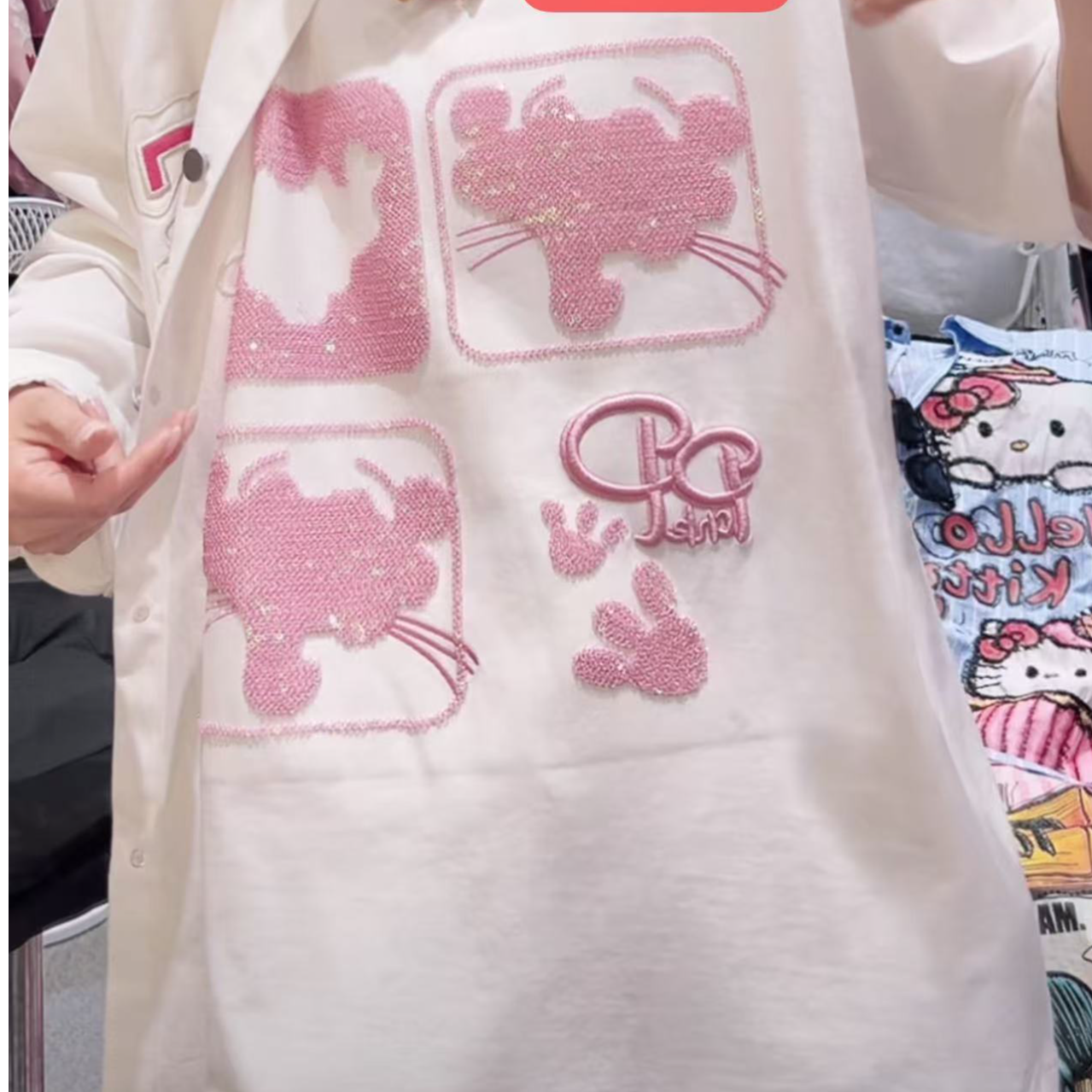 2025春夏新款可爱图案四宫格粉红豹宽松上衣T恤081