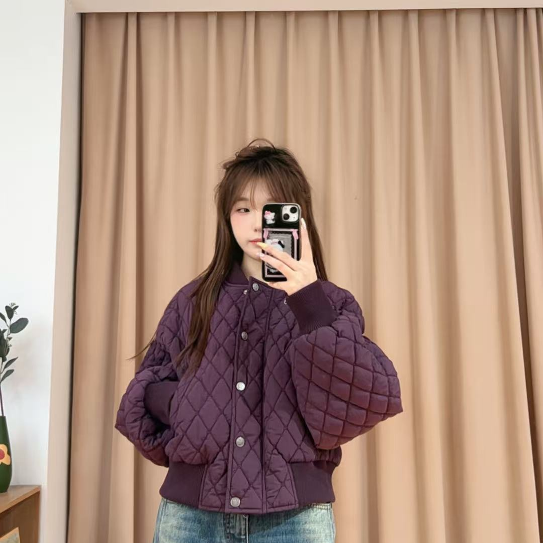 85714余小鱼【紫属于你】葡萄紫菱格拉链单排扣百搭棉服外套女装