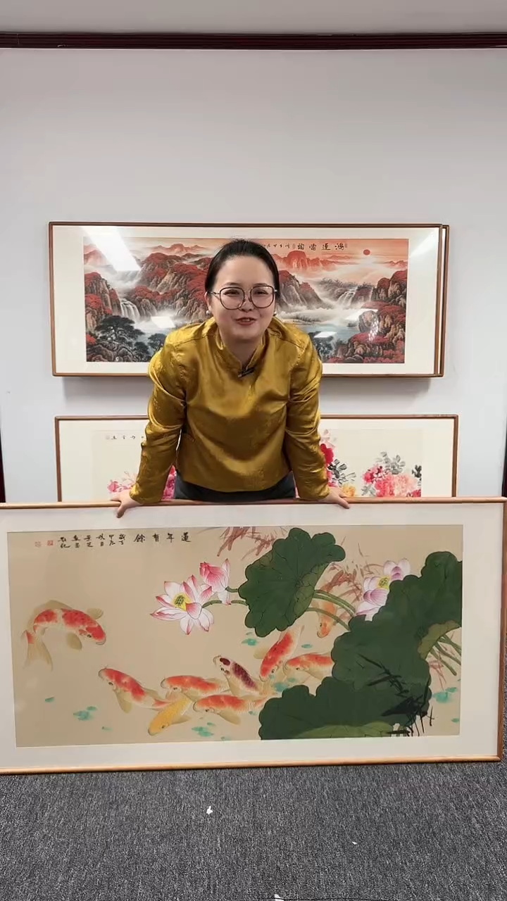 【闪购商品】国画九鱼图荷花（横版）153*76陈景芝