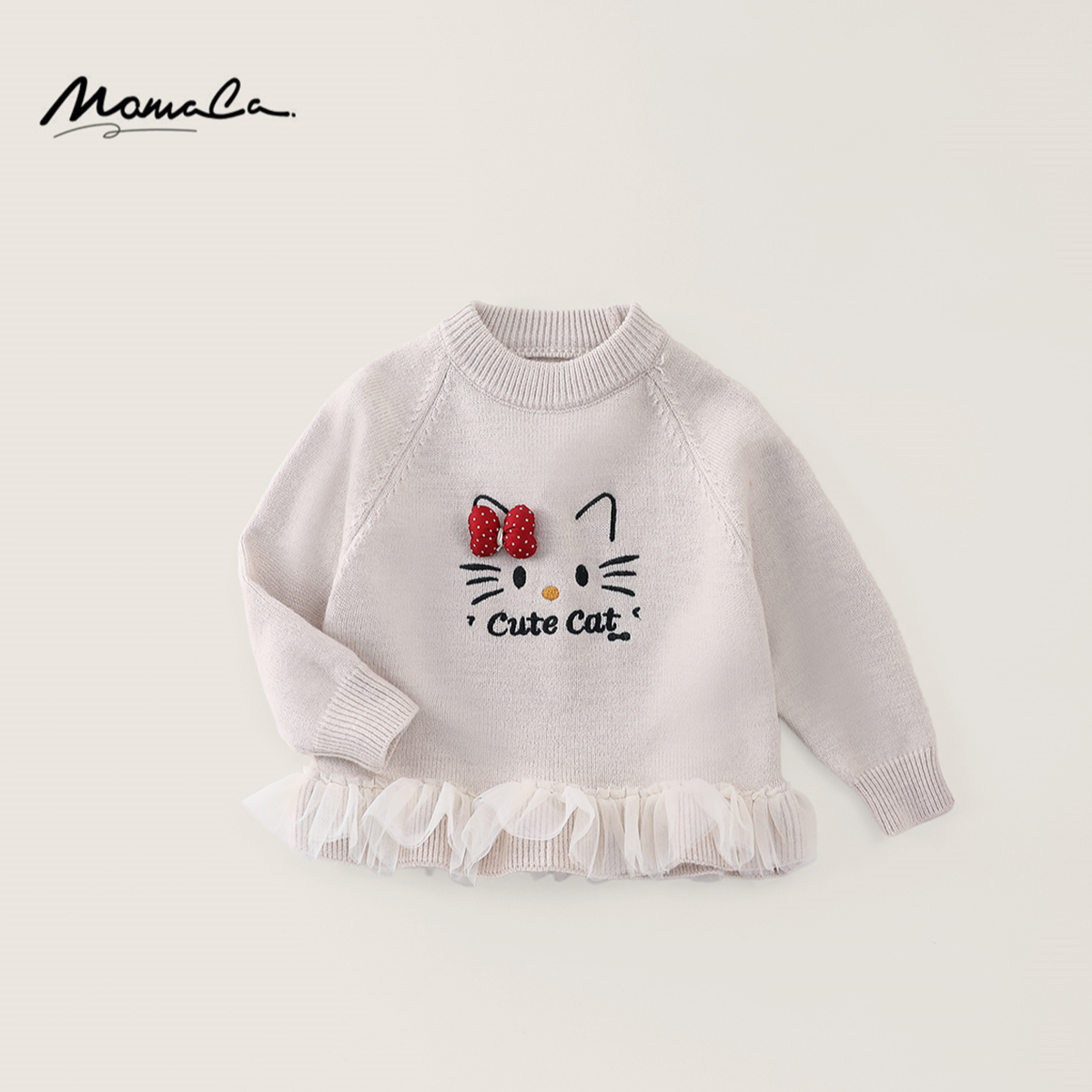 MOMOCO秋冬女童时尚可爱猫咪针织衫网纱拼接套头毛衣77830230039