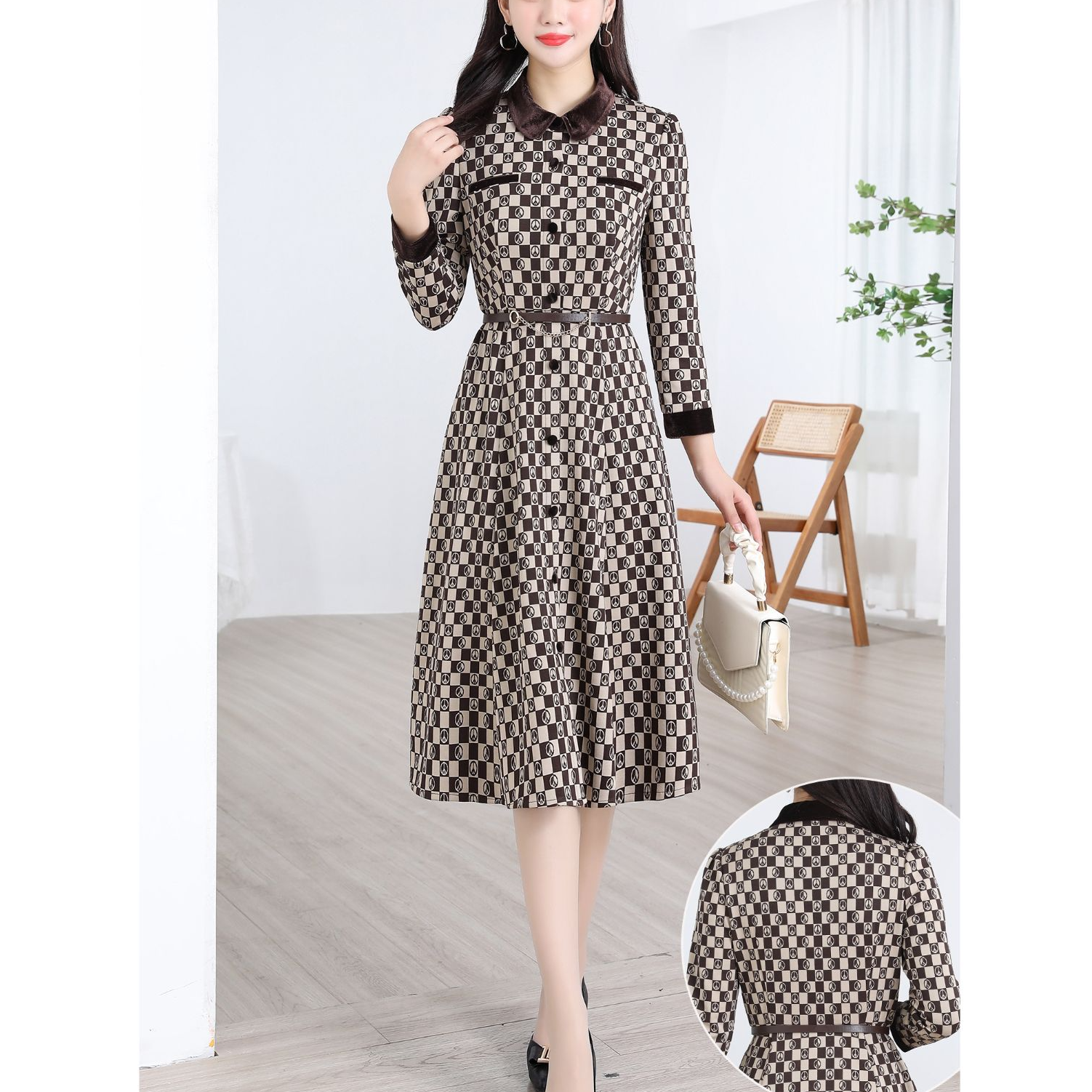 【5098款】2025春复古经典千鸟格优雅连衣裙长袖通勤衬衫裙子女
