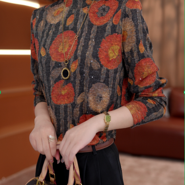 2025新款花漫高墙优雅圆领高端小衫套头时髦长袖上衣打底衫女