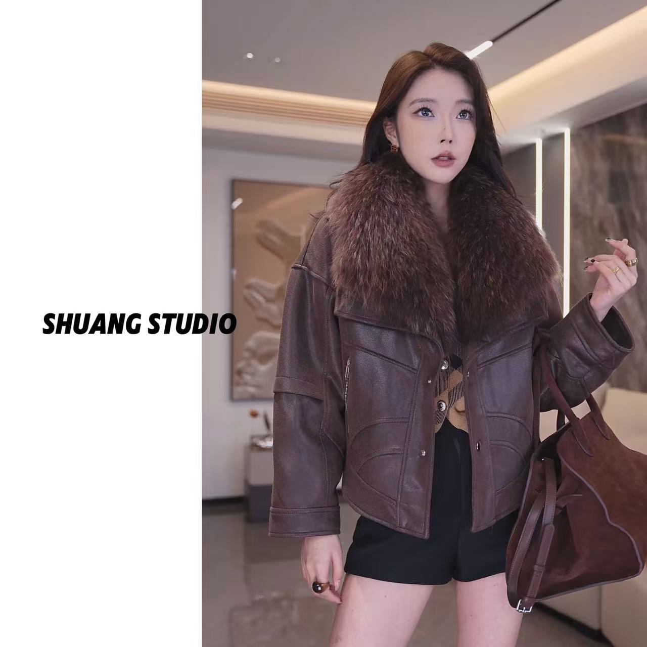 【TD服饰】冬季新款鹅绒服拼貉子毛领真皮草外套24009