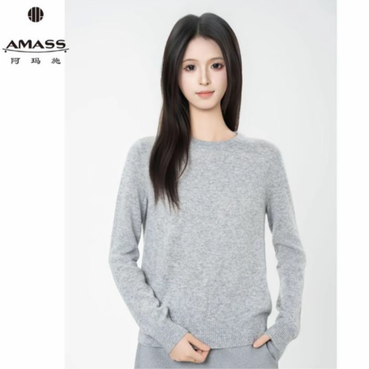 AMASS/阿玛施打底衫针织圆领长袖女宽松针织衫秋季纯色538071