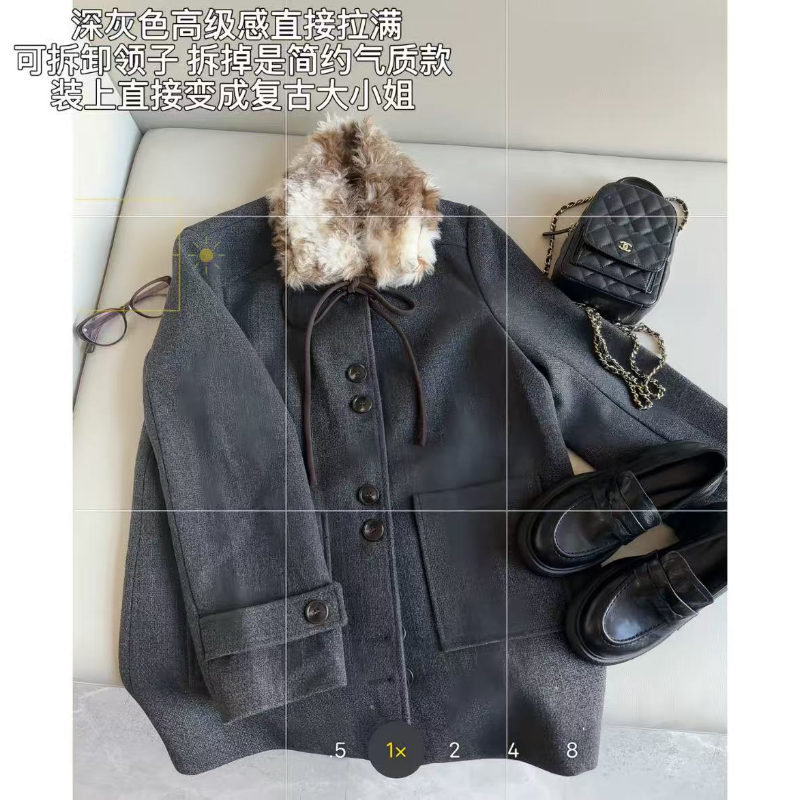 徐秋阳  灰色伦敦  复古风可拆卸毛领夹棉短款外套13908