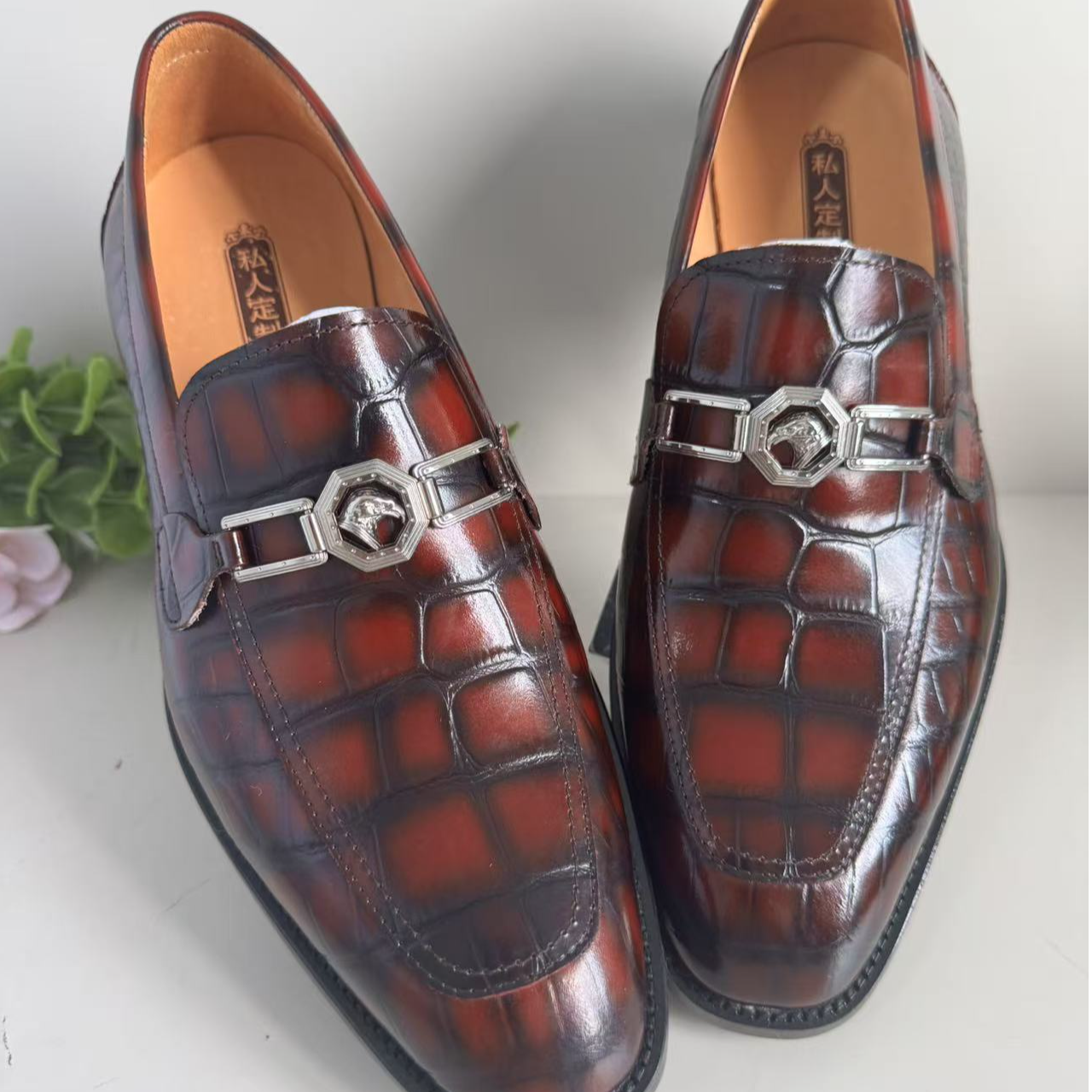 鳄鱼皮休闲鹰头檫色一脚蹬商务乐福鞋皮鞋男鞋