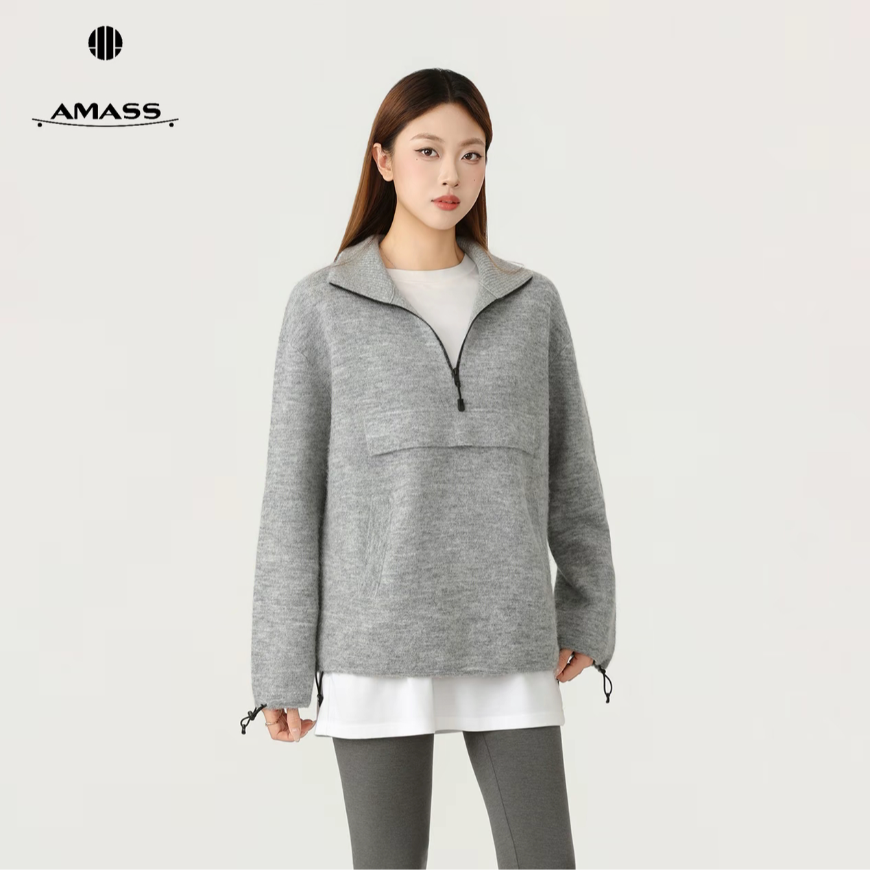 AMASS/阿玛施针织百搭毛针织衫长袖正肩纯色女式衫上衣宽松538110