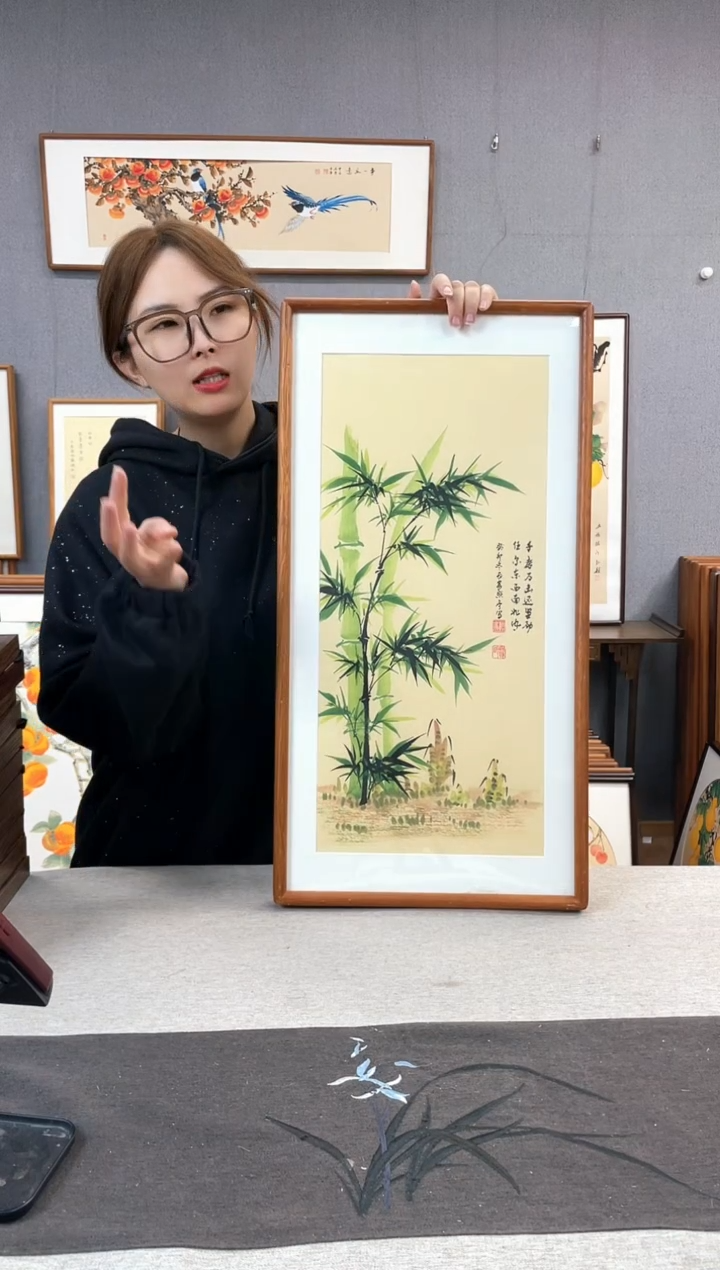 【闪购商品】国画贺照亭-纯手绘带框作品-35*68-竹子