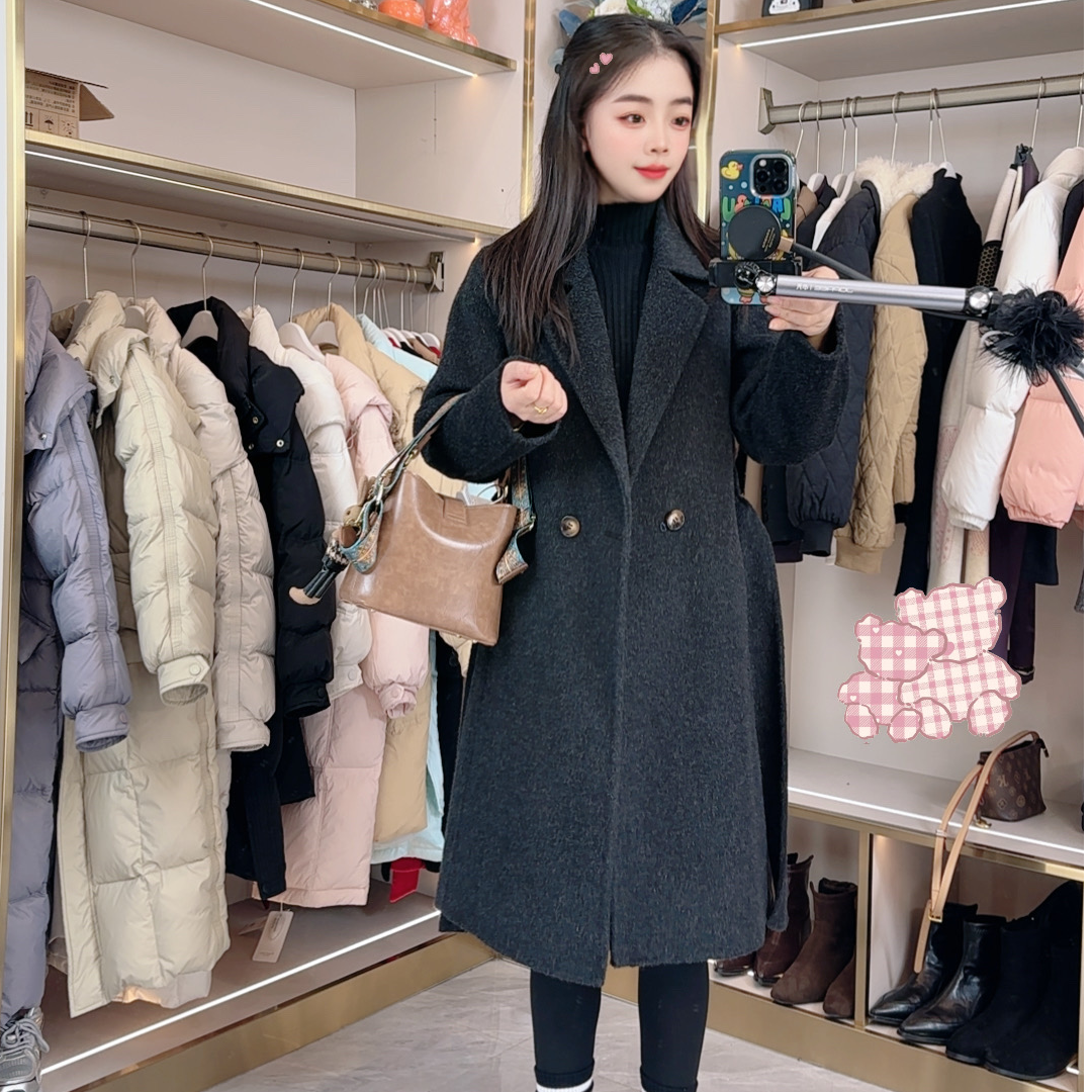 小个子定制款 秋冬新款双面羊毛大衣双排扣修身女中长款过膝外套