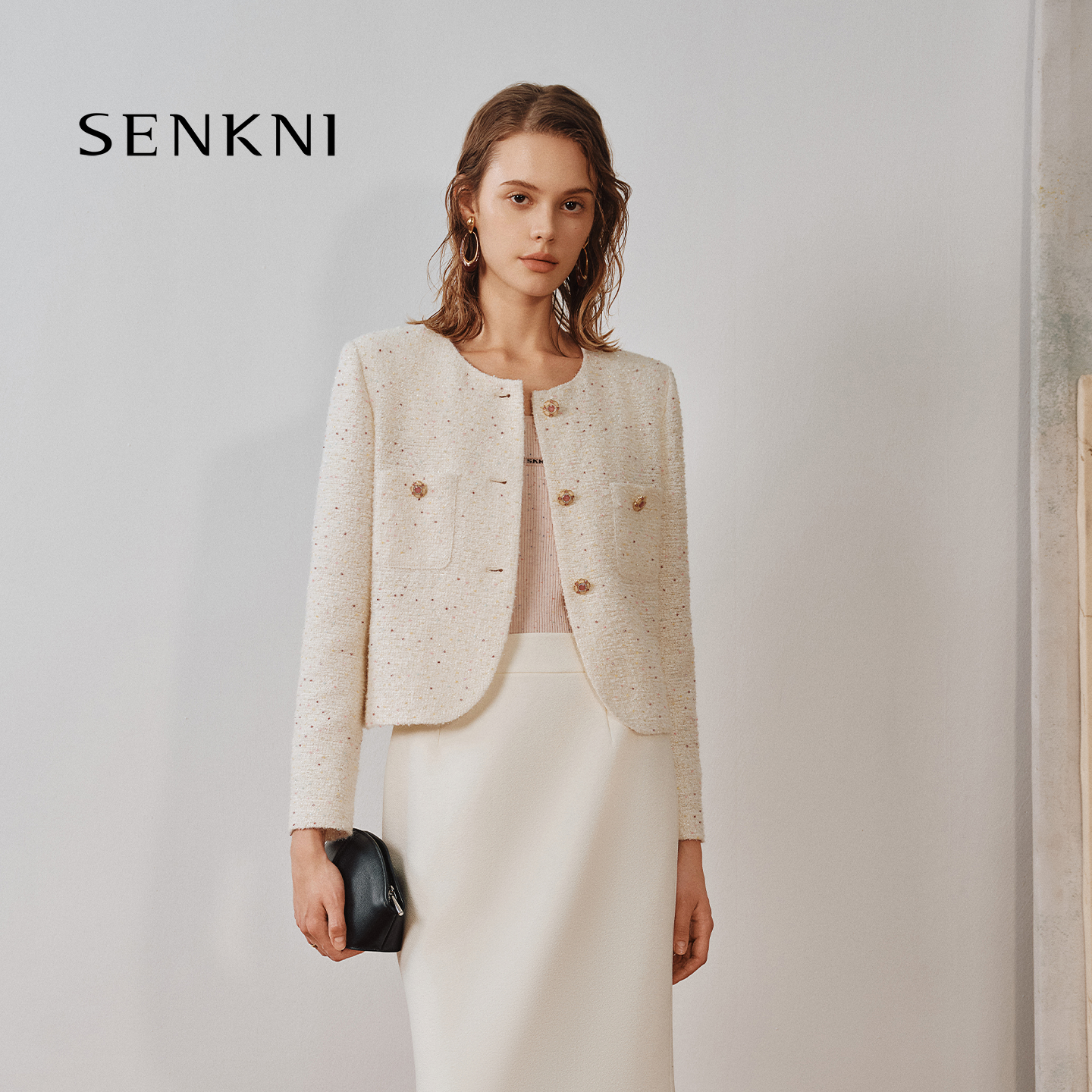 senkni/圣可尼小香风气质时尚优雅粗花呢直筒短款外套S102313OF