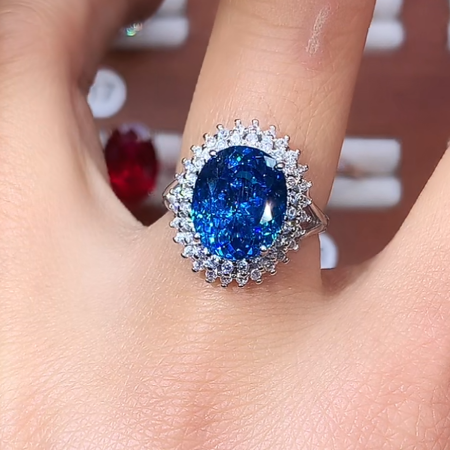 高奢定制-海 蓝 宝戒指小黛妃鸟巢切白1012