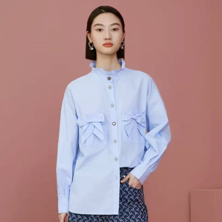 0524【商场同款】曼德诗全棉衬衫春季宫荷叶领木耳边衬衣