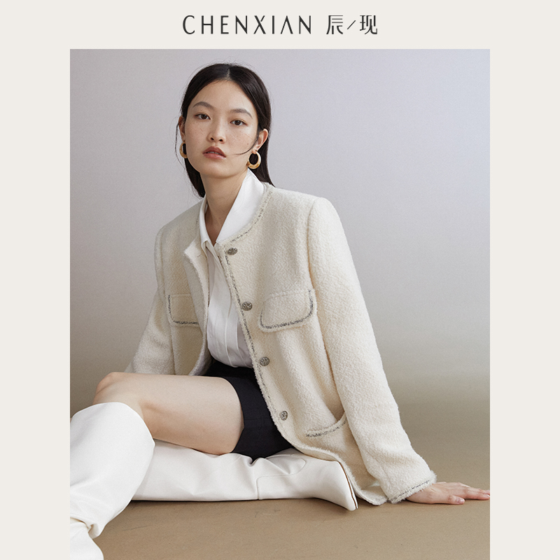  CHENXIAN辰现小香风羊毛呢子大衣小个子西装外套白色加厚上衣女