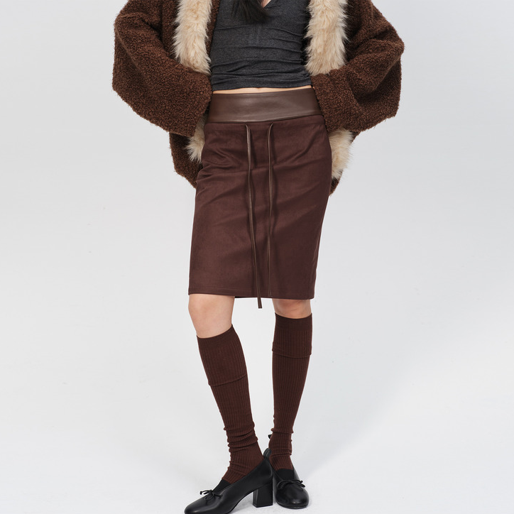 CURRI AND 冬季复古拼接设计修身包臀直筒后中开叉半身裙女