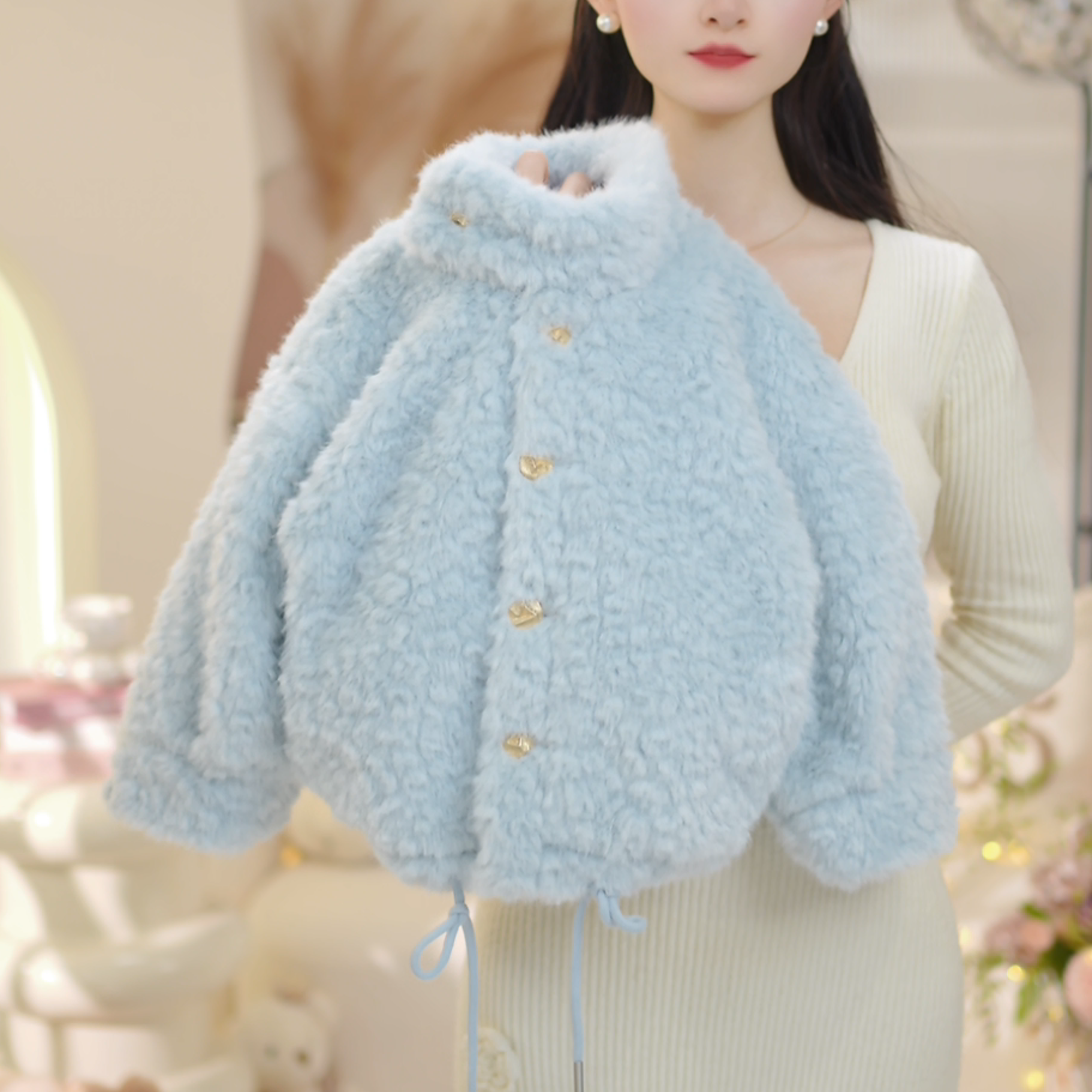 【现货】女童2025冬季新款韩版海盐兰加毛加厚纽扣毛毛外套C25057