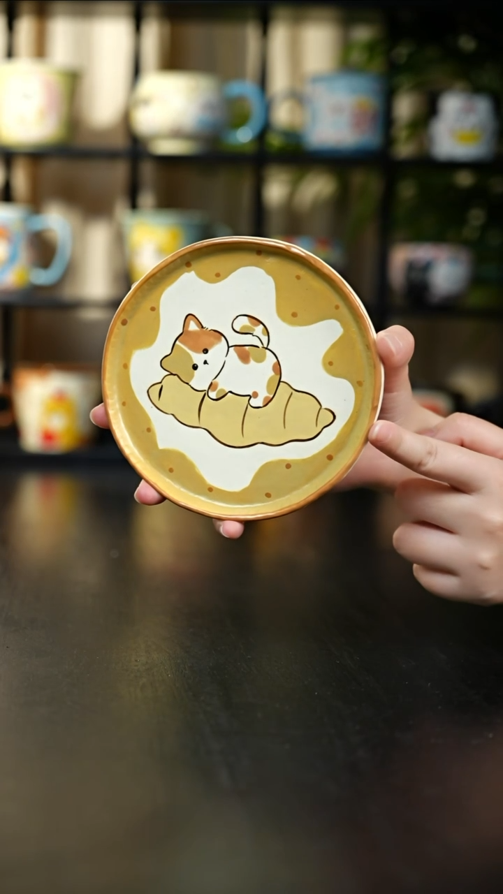 杯子小猫手绘早餐盘