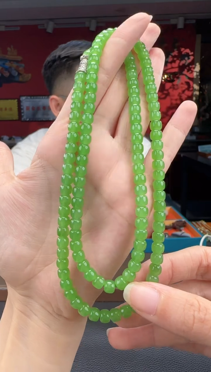 颈饰未镶嵌和田玉碧玉苹果绿直切108颗多圈卡6