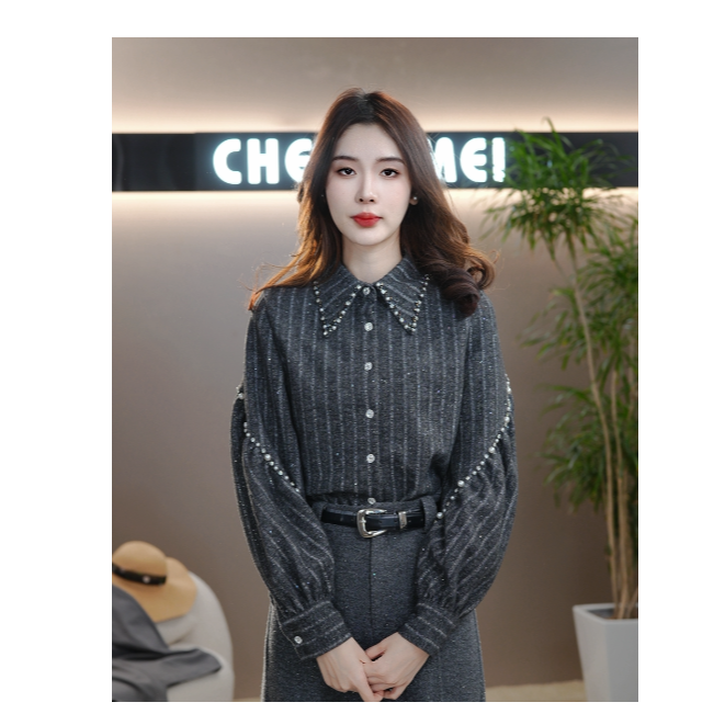 CYM1440简约翻领衬衫女秋冬季新款慵懒风内搭针织衫上衣