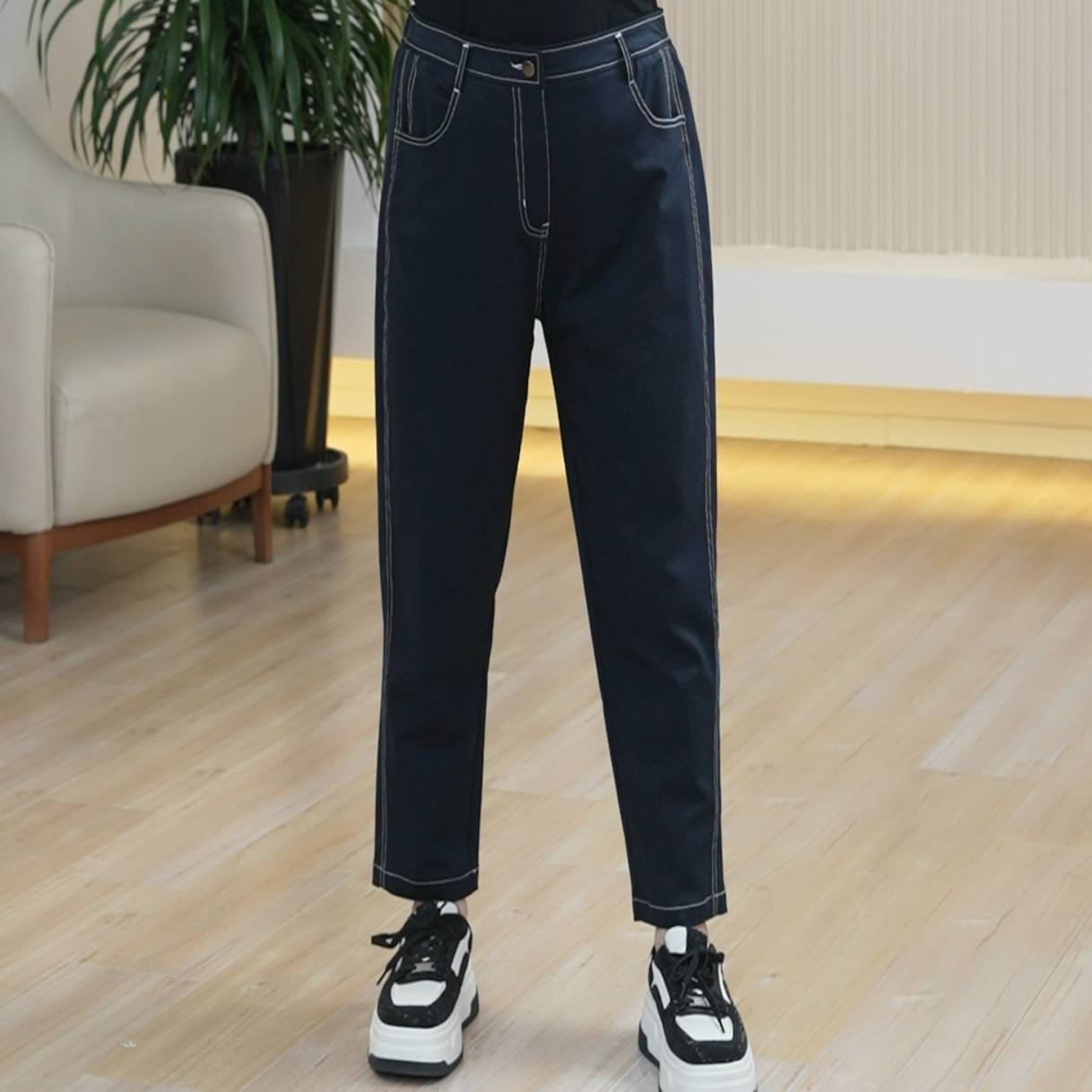 【裤子】复古港风大码法棍裤女显瘦锥形秋季弹力莱赛尔天丝棉九分裤