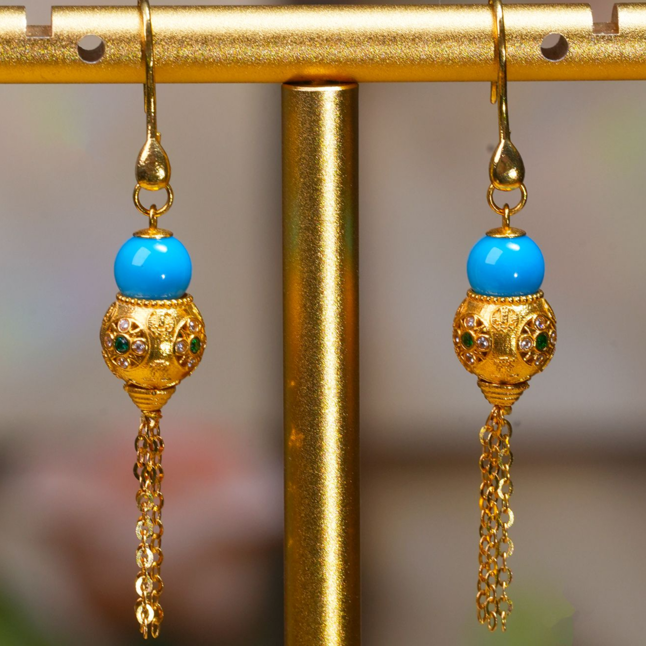 【婧婧精选】典藏 · 18K厚金葫芦原矿绿松石DIY金流苏耳坠≈绿松6MM
