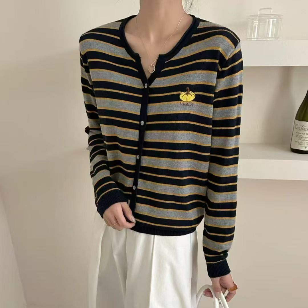 【小南瓜-黑灰】针织上衣咖色条纹长款慵懒风高级法式外搭567