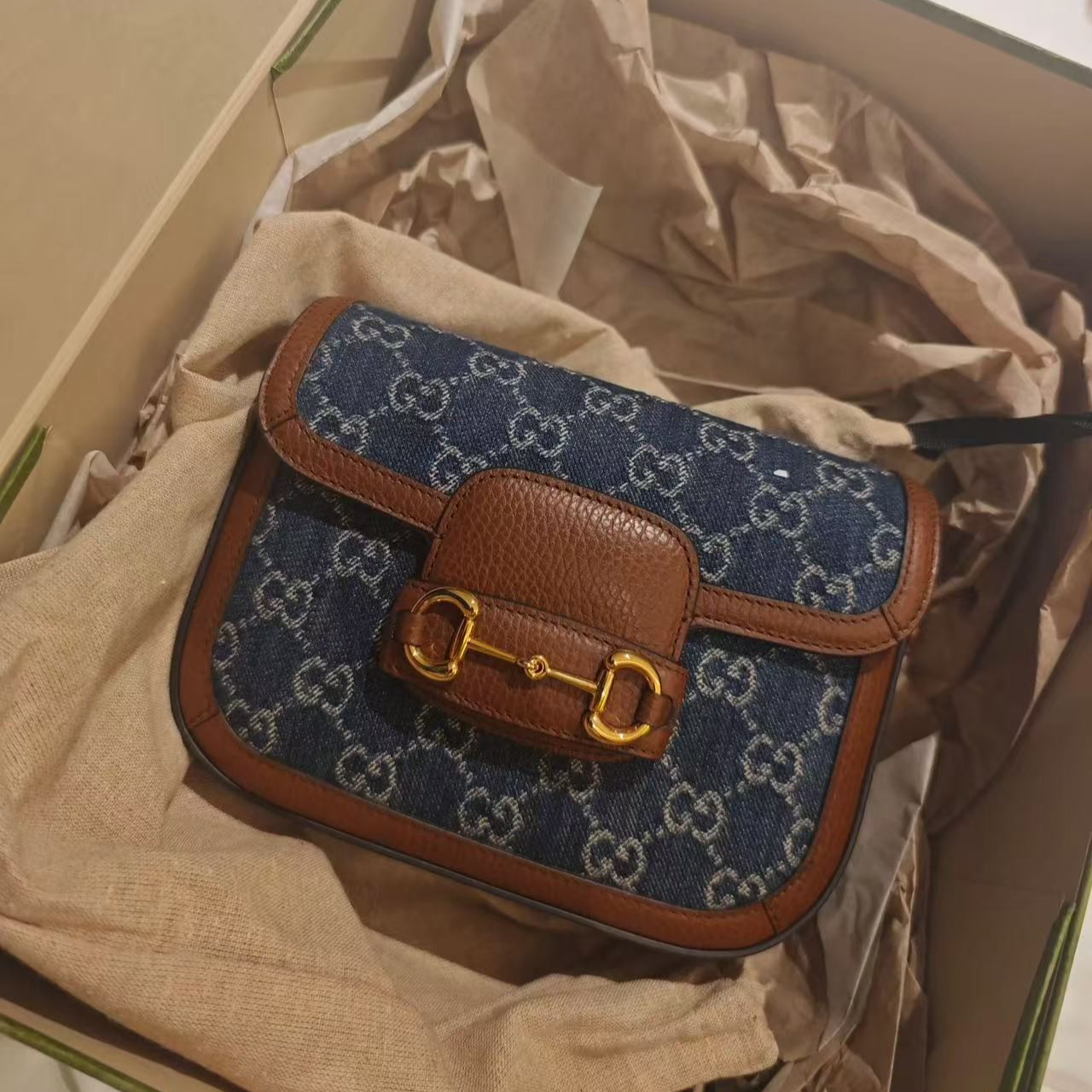 95新 GUCCI/古驰 GGS丨1955mini蓝色金扣丹宁单肩包/57642202