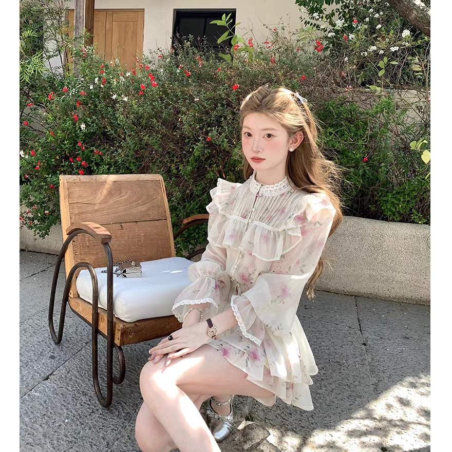 【呆呆】大码春季法式中式刺绣蕾丝古风碎花衬衫半身裙套装女春夏