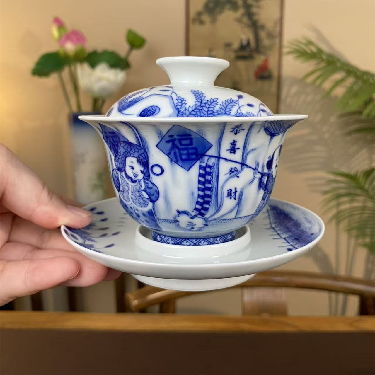 《九茗柴窑》精工人物冬天童子婴戏盖碗 容量150 景德镇手工手绘