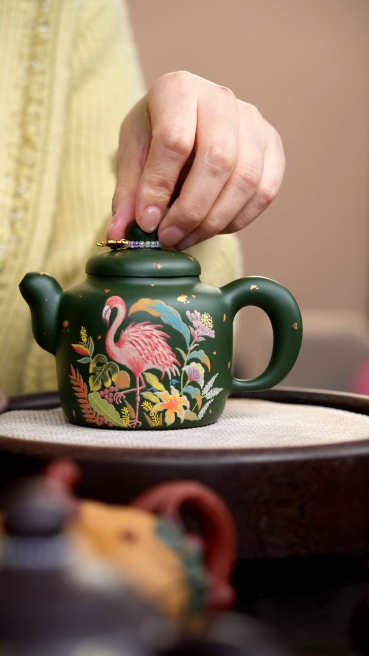 茶壶紫砂民国绿道洪静其泥绘火烈鸟